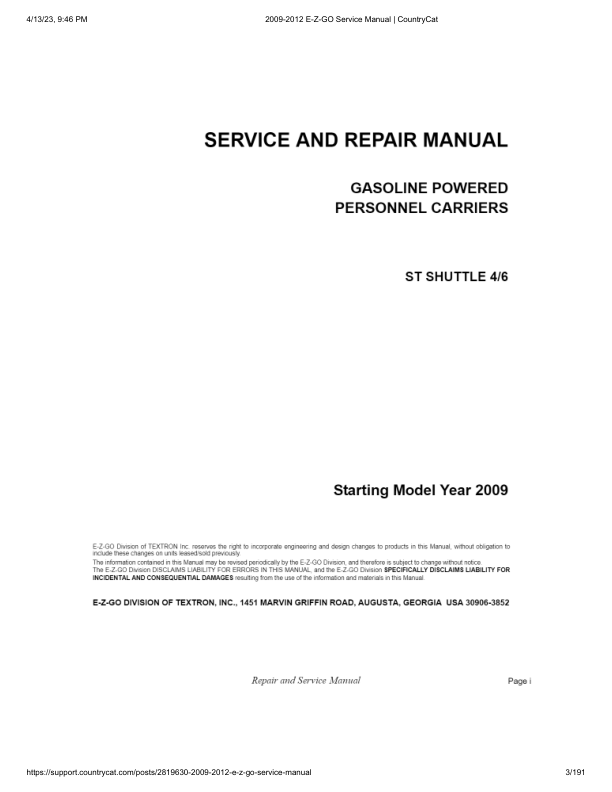 EZGO ST Shuttle 4/6 Golf Car Service Manual PDF | 2009-2013