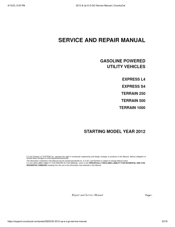 EZGO Terrain 1000 Golf Car Service Manual PDF | 2012-2015