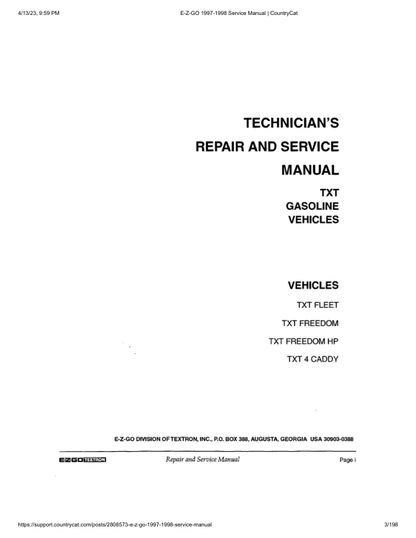 Manuale di servizio golf cart a gas EZGO TXT Fleet Freedom Caddy | 1997-1998