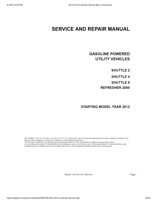 Cushman Shuttle Refresher 2000 Golf Cart Service Manual PDF | 2012-2013