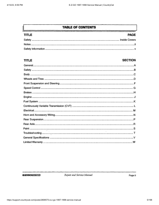 Manuale di servizio golf cart a gas EZGO TXT Fleet Freedom Caddy | 1997-1998
