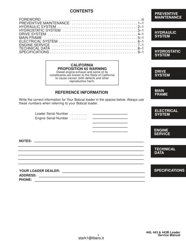 Manuale di servizio pale gommate Bobcat 440 443